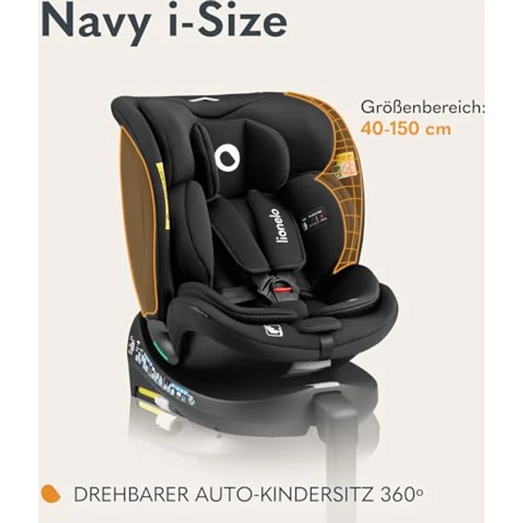 lionelo Autokindersitz NAVY I-SIZE, 360° EasyTurn-Drehbasis, 40-150cm, rückwärtsgerichtet bis 105 cm – Bild 2