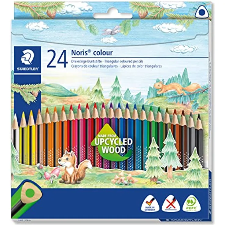 STAEDTLER Buntstifte Noris colour, ergonomisches Dreikantformat, rutschfeste Soft-Oberfläche, hohe Bruchfestigkeit, Made form Upcycled Wood, 24 Farbstifte im Kartonetui, 187 C24
