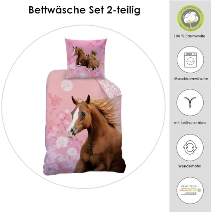 Matt&Rose Pferde-Bettwäsche 135x200 Mädchen 80x80 cm 100% Baumwolle Biber/Flanell Kinder Bettwäsche Set Mädchen Wende-Bettwäsche rosa, braun, Blumen, Horse – Bild 2