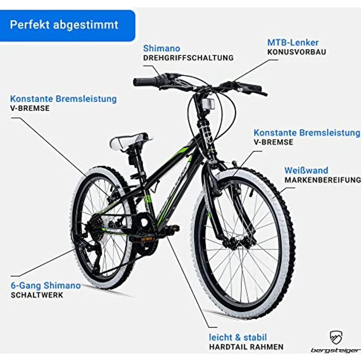 Bergsteiger Kansas 20, 24 Zoll Kinderfahrrad, Shimano 6 Gang-Schaltung, Mountainbike mit Weißwandbereifung, Jungen- und Mädchen-Fahrrad, geeignet für 6-11 Jahre, 110-130 cm, blau – Bild 5