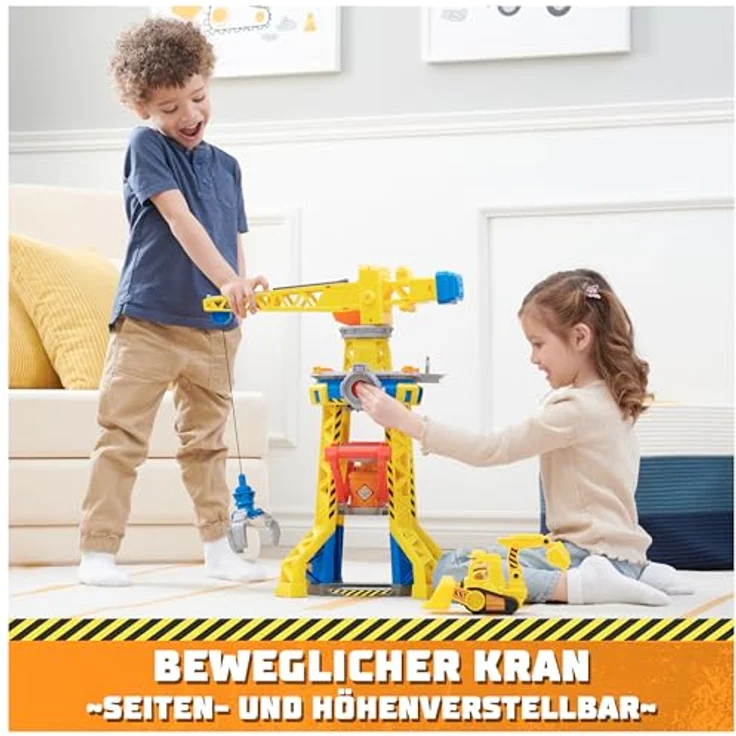 Rubble & Crew – Baupfoten Hof Kran-Spielset (68 cm) mit Rubble-Actionfigur, Planierraupen-Baufahrzeug und 340 g Kinetic Sand Build-it Sand, Spielzeug für Kinder ab 3 Jahren – Bild 4