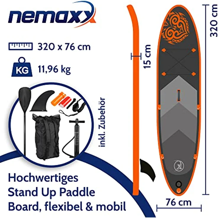 NEMAXX® SUP Board PB320 II, aufblasbares Stand-Up Paddle Board Set 320×78×15 cm, bis 140 kg, inkl. Tasche, Paddel, Finne, Pumpe & Reparaturkit, rutschfestes EVA-Deck, Allrounder für Anfänger und Fortgeschrittene – Bild 3