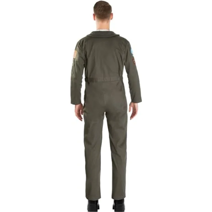 Maskworld Original Top Gun Overall Deluxe, lizenziertes Film-Kostüm für Erwachsene in olivgrün, Größe S-M, mit militärischen Aufnähern und 2-Wege-Reißverschluss – Bild 3