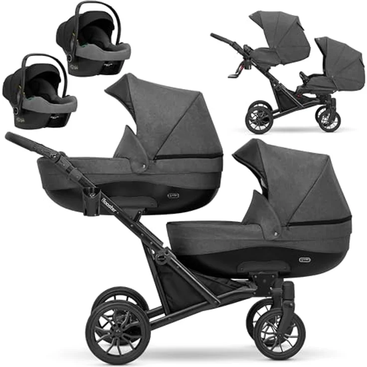Kunert BOOSTER 3in1 2in1 Zwillingskinderwagen Komplettset in Graphit, mit Babywanne, Sportaufsatz und Babyschale – Bild 1