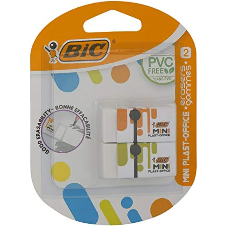 BIC Radierer MINI PLAST-OFFICE aus Kunststoff, 41 x 18.5 x 11.5 mm, Blister à 2 Stück