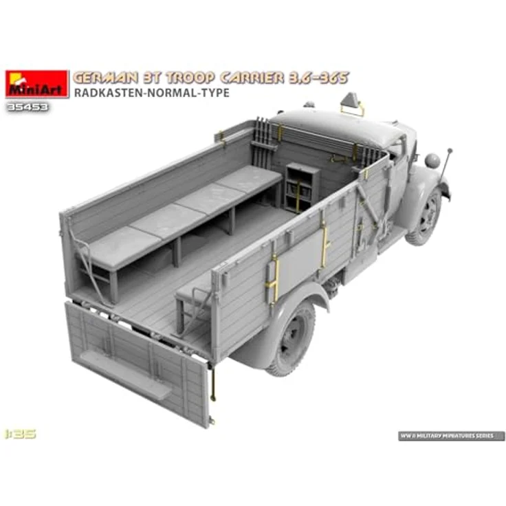 Mini Art Miniart 1:35 - German 3T Truck 3,6-36S Radkasten Normal Type, detaillierter Modellbausatz mit Truppenbänken für Wehrmacht-Transporter – Bild 18