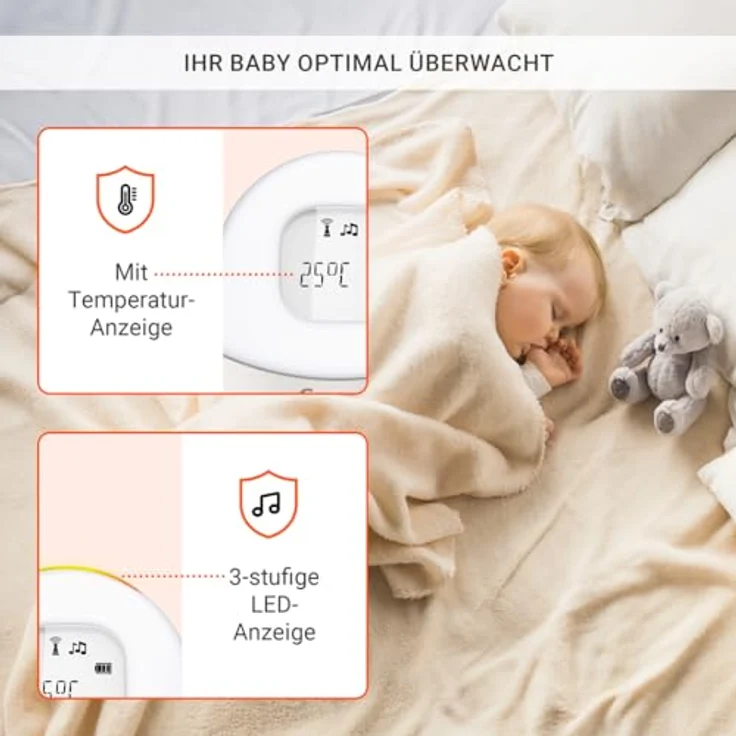 Gigaset Baby 100 Audio, Audio-Babyphone mit DECT-Technologie, Zwei-Wege-Kommunikation, 300m Reichweite, Fütterungstimer, Temperatursensor, Nachtlicht, 3-stufige Tonanzeige, Warm Grey – Bild 4