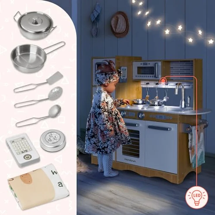 mamabrum Holz-Spielküche mit LED-Beleuchtung, Kinderküche Zubehör Set mit Ofen, Mikrowelle, Kochfeld, Wasserhahn, Kühlschrank & 15 Spielzeug-Kochutensilien, naturbelassen – Bild 5