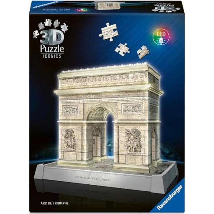 Ravensburger 3D Puzzle Iconics: Triumphbogen Paris - mit LED Beleuchtung und 3 Beleuchtungsmodi, Detailgetreue Nachbildung, 216 Teile