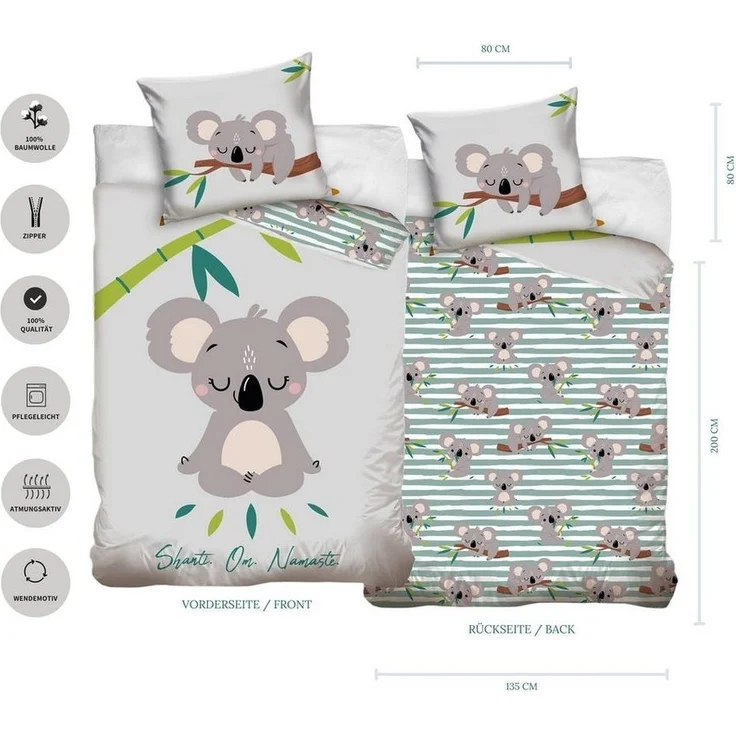 MTOnlinehandel Bettwäsche Koala 135x200 + 80x80 cm, 100 % Baumwolle, Renforcé, 2 teilig, chillige Bettwäsche für Kinder, Jugend & Erwachsene – Bild 3