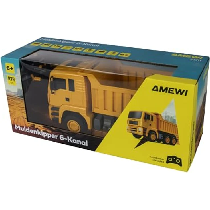 Amewi Muldenkipper 1:18 RTR, ferngesteuertes Spielzeug in Gelb und Schwarz mit 6-Kanal Steuerung und 20 Minuten Fahrzeit – Bild 8
