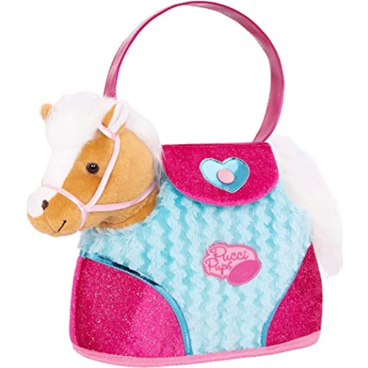 Pucci Pups Kuscheltier Pony beige in Handtasche mit Zubehör – Plüschtier Pferd in blau-pinker Tasche, Sattel, Zaumzeug – Spielzeug für Kinder ab 2 Jahre