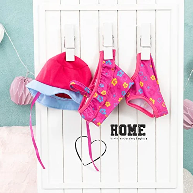 Bayer Puppenkleidung Bikini 38-42 cm (Set, 3-tlg), fröhlicher Farbmix mit passendem Sonnenhut – Bild 3