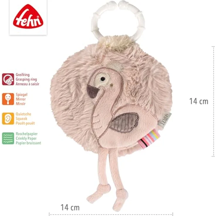 Fehn Greifspielzeug Flamingo, weiches Stoffbuch mit Quietsche, Raschelpapier und Befestigungsring, pink – Bild 6