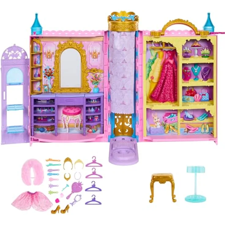 Mattel® Puppenkleiderschrank Disney Princess - Bereit für den Ball, mit 2 Kleidungsstücken, 25 Zubehörteilen und Frisiertisch, erweiterbar auf 60 cm