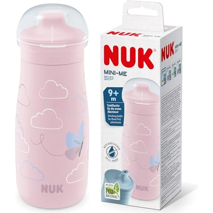 NUK Mini-Me Sip Kinderwasserflasche, 300 ml, auslaufsicher, bruchsicher, für Kleinkinder ab 9 Monate, rosa Schmetterling – Bild 1