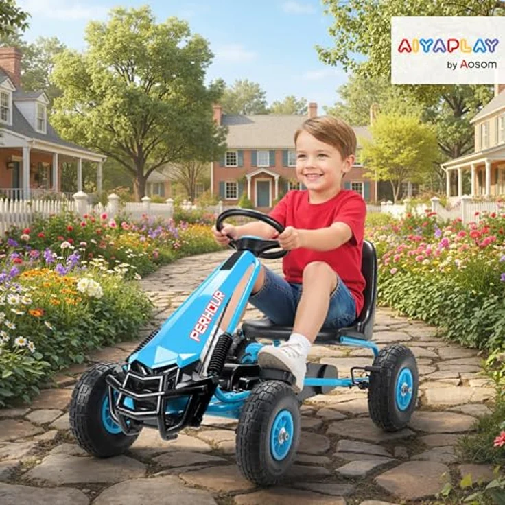 AIYAPLAY Go-Kart Tretauto mit verstellbarem Sitz, Handbremse und Vor- und Rückwärtsgang, für Kinder 3-8 Jahre, Blau – Bild 2