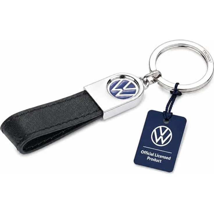 TROIKA Volkswagen Schlüsselanhänger, Offiziell lizenziert, 4 Varianten mit Leder, Metall oder Karabiner‑Ring-System