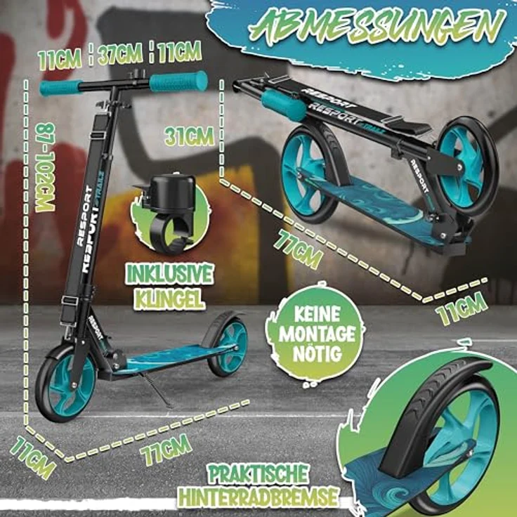 RE:SPORT Cityroller RE:SPORT® Trailz, höhenverstellbarer & klappbarer Scooter mit 200mm Rädern, LED, Klingel und Tragegurt, belastbar bis 100 kg – Bild 8
