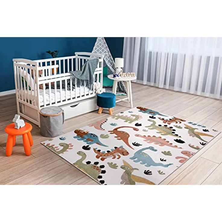 rugsx Fun Dino Kinderteppich, Dinosaurier-Muster in Creme, 140x190 cm, 100 % Polypropylen, pflegeleicht, für Fußbodenheizung geeignet – Bild 2
