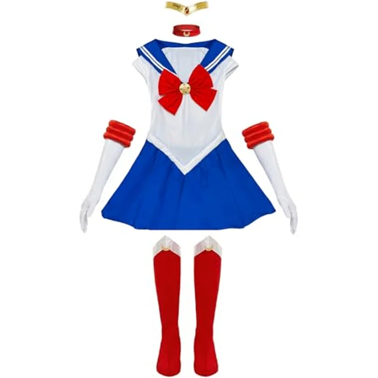 Metamorph Sailor Moon Kostüm (M), Schulmädchenlook mit grosser Schleife, inklusive Handschuhe, Halsband, Diadem und Stiefelstulpen – Bild 2