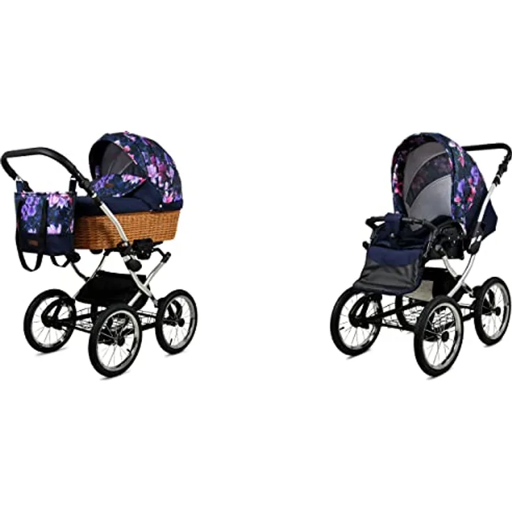 BabyLux ALU 2in1 Kinderwagen - Multifunktionaler Kinderwagen für Neugeborene und Kleinkinder, 59x105x125cm, Max. 15kg, Royal Magnolia Silver Frame