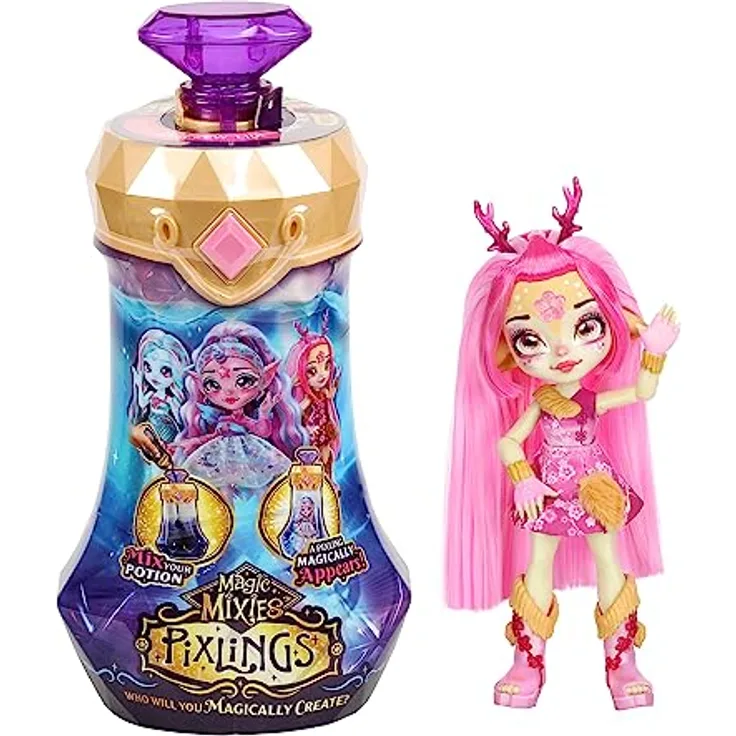 Magic Mixies Pixlings Puppe Deerlee im Reh-Look: Magische Enthüllung der wunderschönen, detailreichen 16,5 cm großen Pixlings-Puppe in einer Zaubertrank-Flasche
