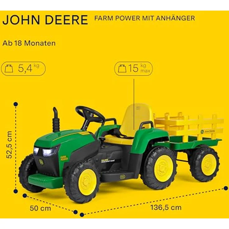 Peg Perego John Deere Farm Power, elektrischer Kindertraktor mit Fernbedienung und Anhänger, grün – Bild 2