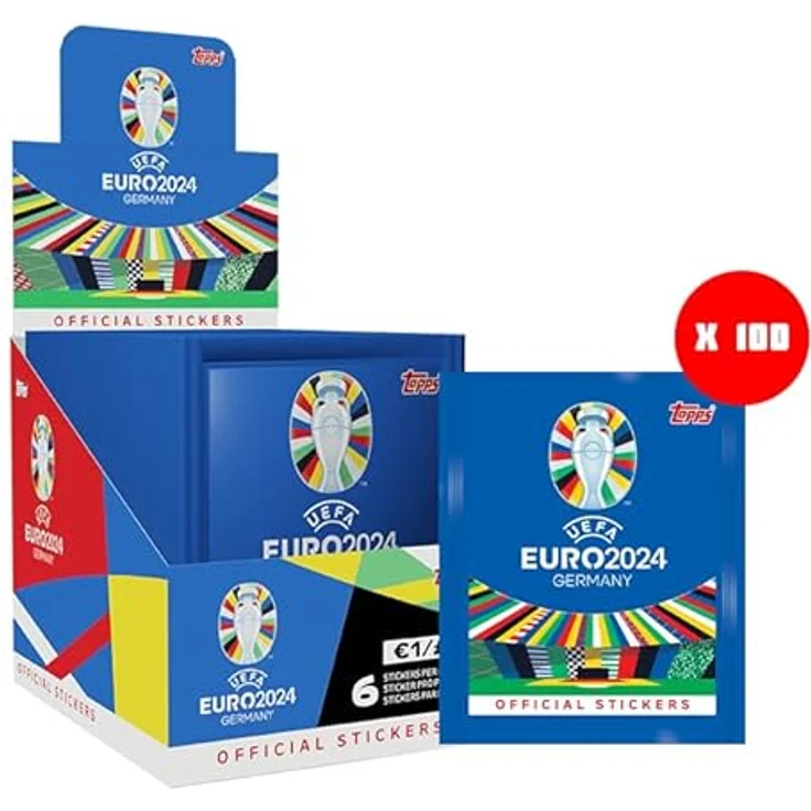 Topps Official EURO 2024 Sticker Collection, Komplettbox mit 100 Päckchen (600 Sticker), farbenfrohes Design und doppelte Sticker Display Box – Bild 1
