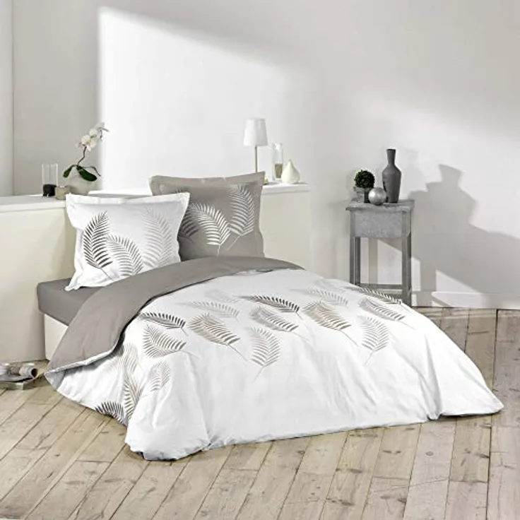 Dynamic24 3tlg. Wende-Bettwäsche 240x220cm 100% Baumwolle Übergröße Bettgarnitur Blätter beige Weiss King Queen Size mit 2 Kissenbezügen und 1 Bettdeckenbezug, Kinderbettwäschen