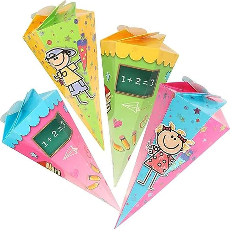 com-four® 4X Mini Schultüten, 30 cm Geschwisterschultüten aus Pappe in grün, gelb, rot und blau, faltbar mit lustigen Schulmotiven