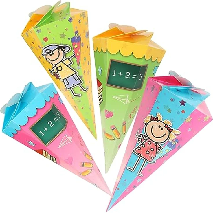 com-four® 4X Mini Schultüten, 30 cm Geschwisterschultüten aus Pappe in grün, gelb, rot und blau, faltbar mit lustigen Schulmotiven – Bild 1