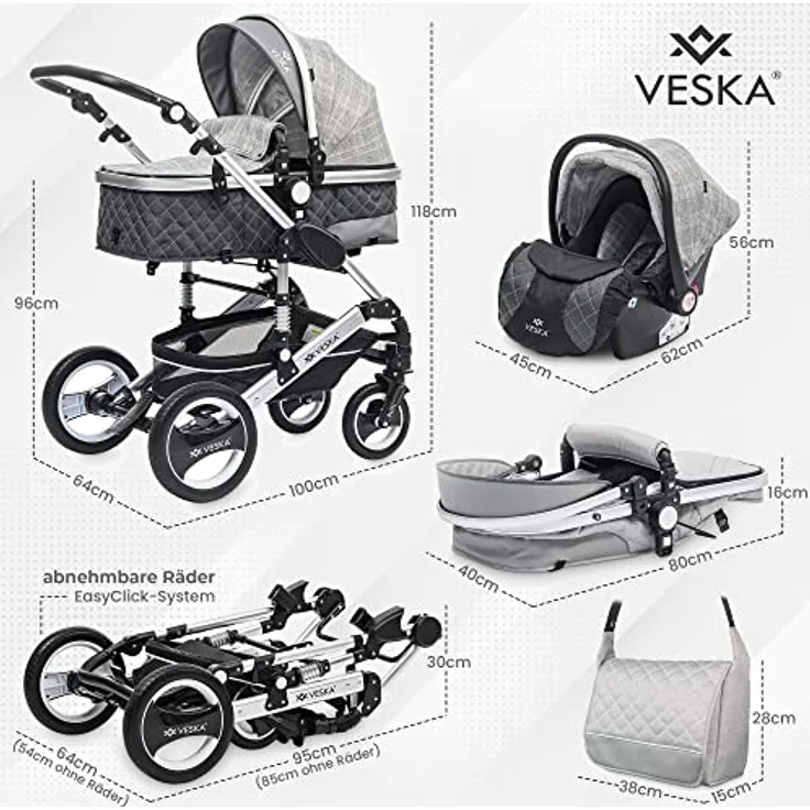 VESKA 3 in 1 Kombi-Kinderwagen inkl. Babyschale, Buggy, Jogger mit Wickeltasche, Moskitonetz, Regencover, Spieltisch, Autoschale Fußsack, QuickFold, Aluminiumrahmen (Silber - anthrazit/grau) – Bild 6