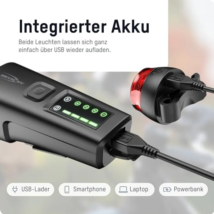 Ansmann Fahrradlicht Set StVZO zugelassen mit OSRAM LED und autom. Abblendlicht 200 m Leuchtweite 100 Lux 180 Lumen IPX5 Akkubetrieben aufladbar über USB Radlicht Set Vorderlicht & Rücklicht - Kinderfahrrad Zubehör – Bild 2