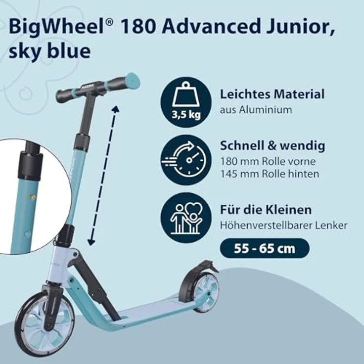 HUDORA BigWheel® 180 Advanced Junior, Höhenjustierbarer Kinder Roller in sky blue mit Reflektoren, für Kinder ab 3 Jahre, bis 60 kg – Bild 2