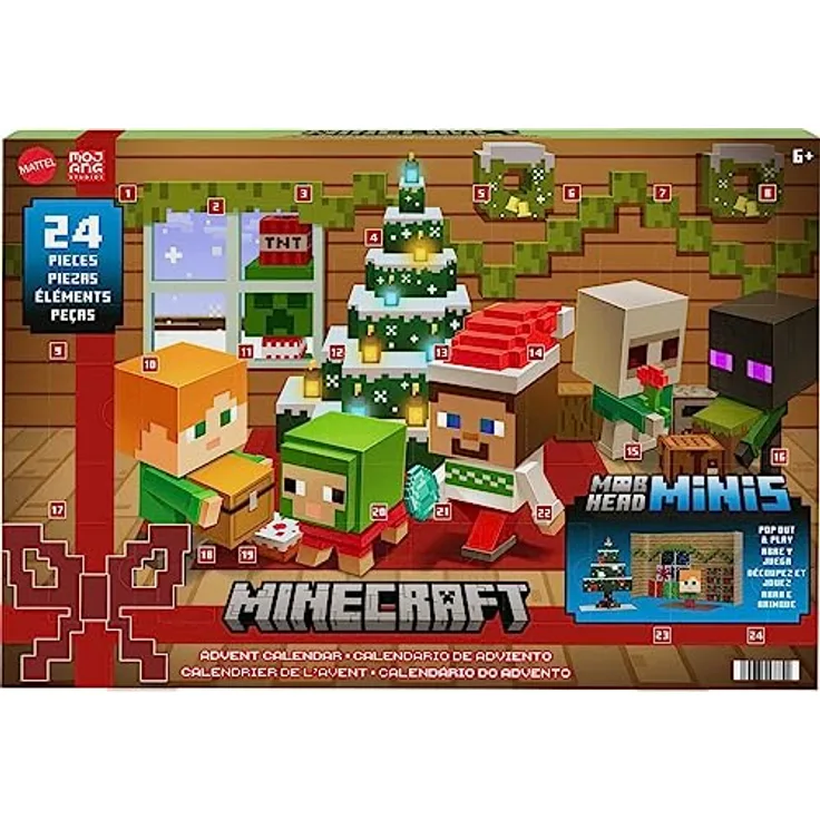 MINECRAFT Mob Heads Adventskalender - 24 Überraschungen mit Steve, Mobs und Zubehör im verpixelten Look des Videospiels, ausstanzbarer Verpackungsteile, für Fans ab 6 Jahren, HND33