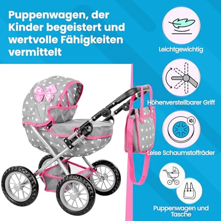Kinderplay Puppenwagen ab 2 Jahre, Puppenbuggy ab 2 Jahre - Leichte und Stabile Konstruktion, Puppenwagen ab 1 Jahr, Höhenverstellbar von 33 bis 63 cm (KP0262S) – Bild 2