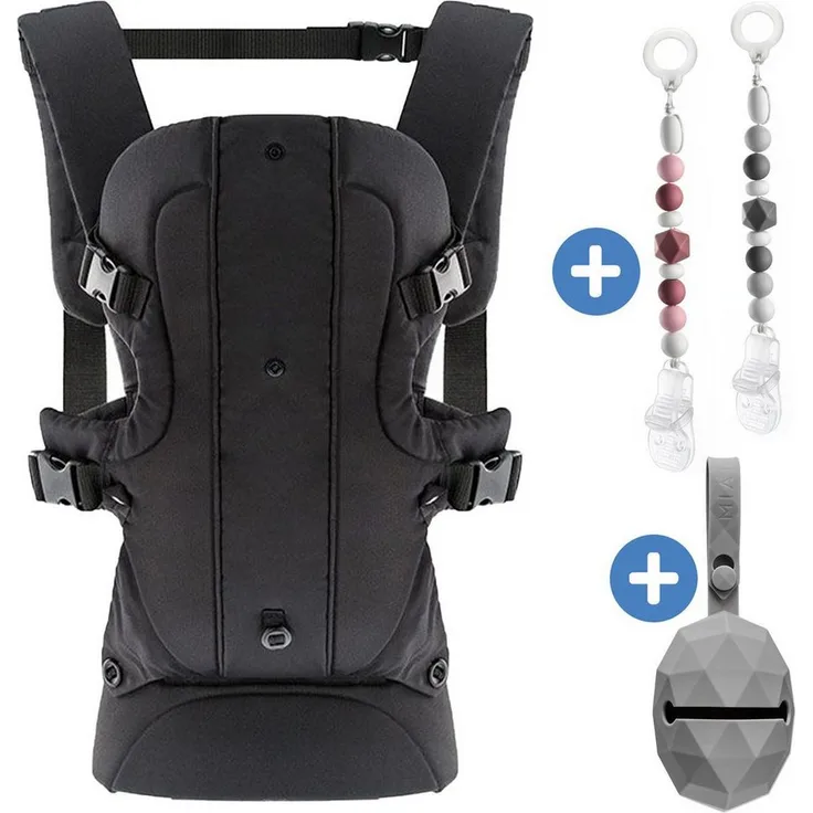 Fillikid Babytrage Walk 4in1 - Schwarz, Bauchtrage, Rückentrage für Babys & Kleinkinder (3,5-15 kg), atmungsaktive Baumwoll-Innenseite, inkl. Schnullerbox & Schnullerkette