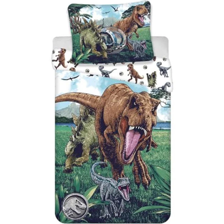 Jerry Fabrics Kinderbettwäsche Set Jurassic World Dinosaurier Dino T-Rex, Stegosaurus, Velociraptor Blue Urzeitmonster Bettdecke 140x200 + Kopfkissen 70x90 cm, 100% Baumwolle – Bild 1