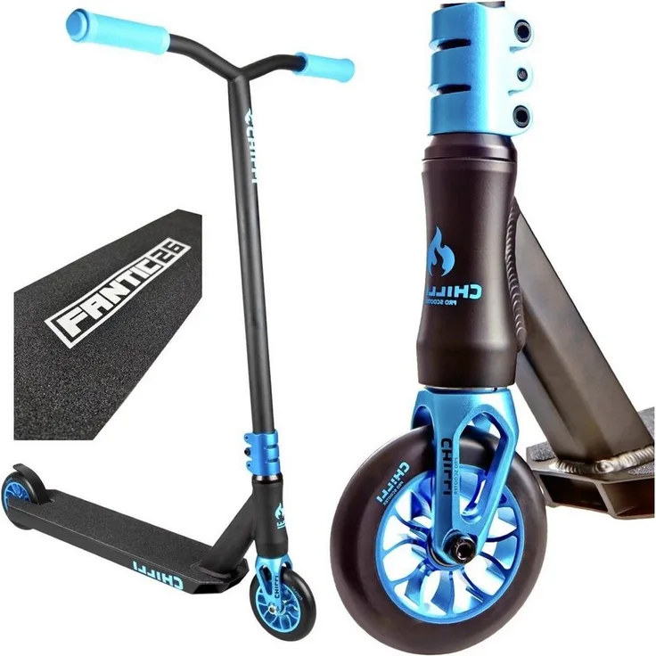 Chilli Stuntscooter Chilli Pro Reaper Stunt-scooter Wave Blau + Fantic26 Griptape - Stunt-scooter für Kinder ab 8 Jahre, 110mm Alu Core Wheels, ABEC 9 Bearings, 3,8 kg, Blau