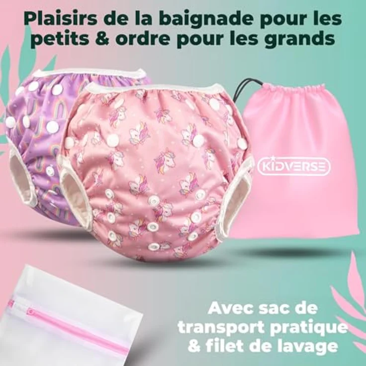 KIDVERSE 2er Set Schwimmwindel Baby 0-3 Jahre, hautfreundlich, wiederverwendbar und saugstark, inkl. Tasche & Wäschenetz, Pink Unicorn Rainbow – Bild 1