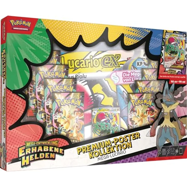 AMIGO Pokemon Lucario Premium-Poster-Kollektion, einschließlich holografischer Mega-Lucario-ex Karte, 10 Boosterpacks und Poster, deutsch