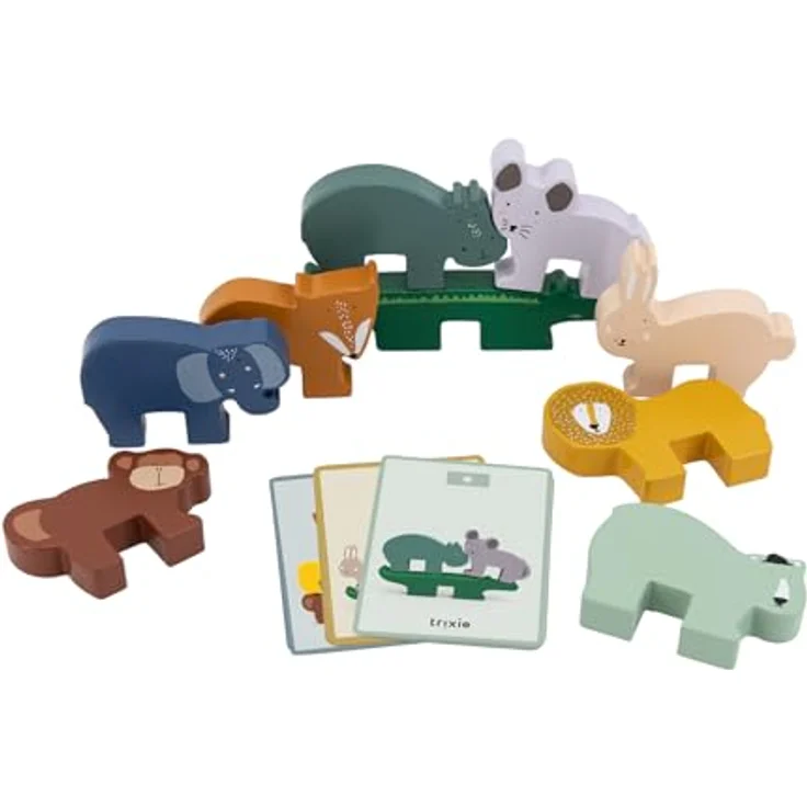 Trixie Baby Stapelspielzeug Stapelspiel Tiere, Holzspielzeug zur Förderung der Feinmotorik, inkl. Kartenset mit 3 Schwierigkeitsstufen – Bild 2