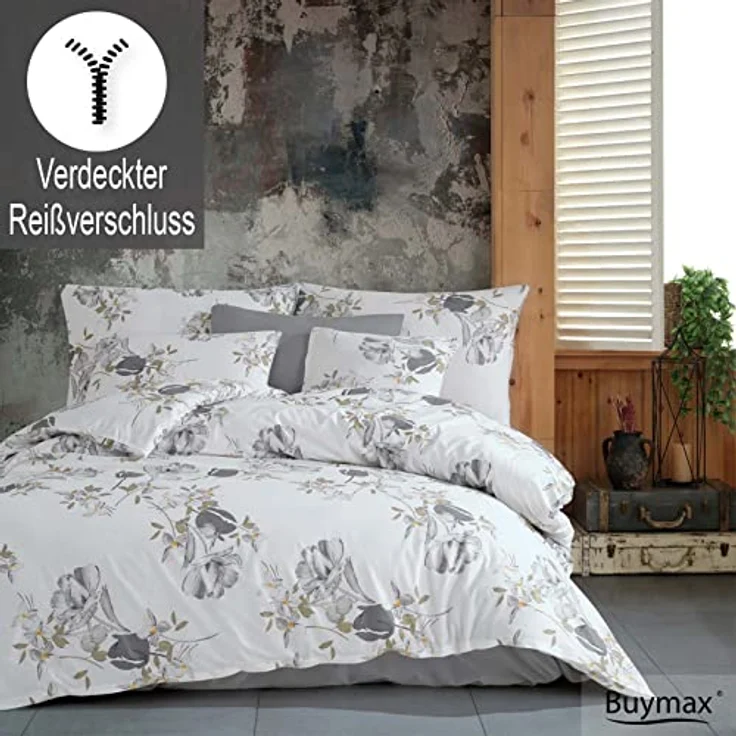 Buymax Bettwäsche 135x200 Baumwolle 2-Teilig Bettgarnitur mit Bettbezug und Kissenbezug 80x80 Renforce Bettwäsche-Set Geblümt Herbstliches Blumen-Muster, Grau Weiß – Bild 4