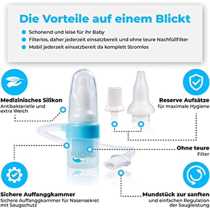 fuchsi Baby Nasensauger | Medizinisches Silikon | Filterlos & Endlosverwendbar | Praktische 1 Hand-Bedienung | + Reserve 1x Nase- & 1x Mund-Aufsatz | Deutsche Marke | Nasensekretsauger Klein-Kind – Bild 2