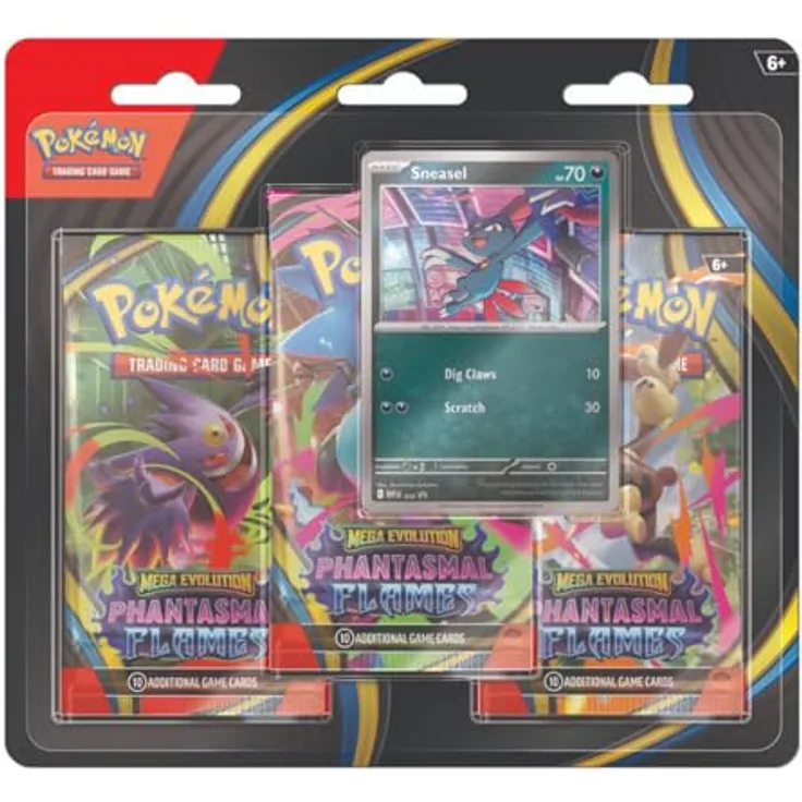 Nintendo POKÉMON Mega Evolution - Phantasmal Flames - 3er Blister mit 3 Booster-Packs, 1 Promokarte und 1 Pokémon-Münze