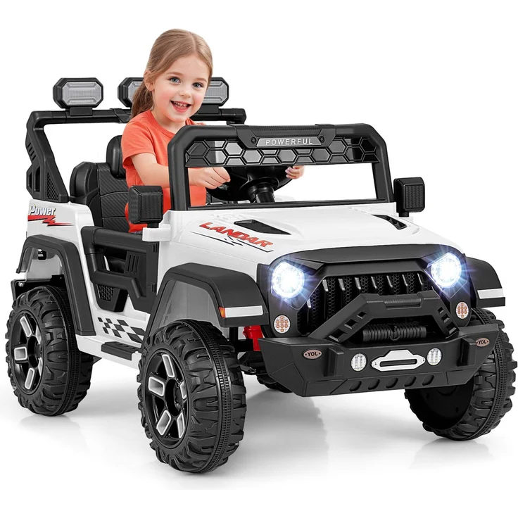 GOPLUS 12V Elektroauto für Kinder, Kinderauto mit 2,4G Fernbedienung, Musik, LED-Leuchten, Sanftanlauf & 3 Geschwindigkeiten, Weiß