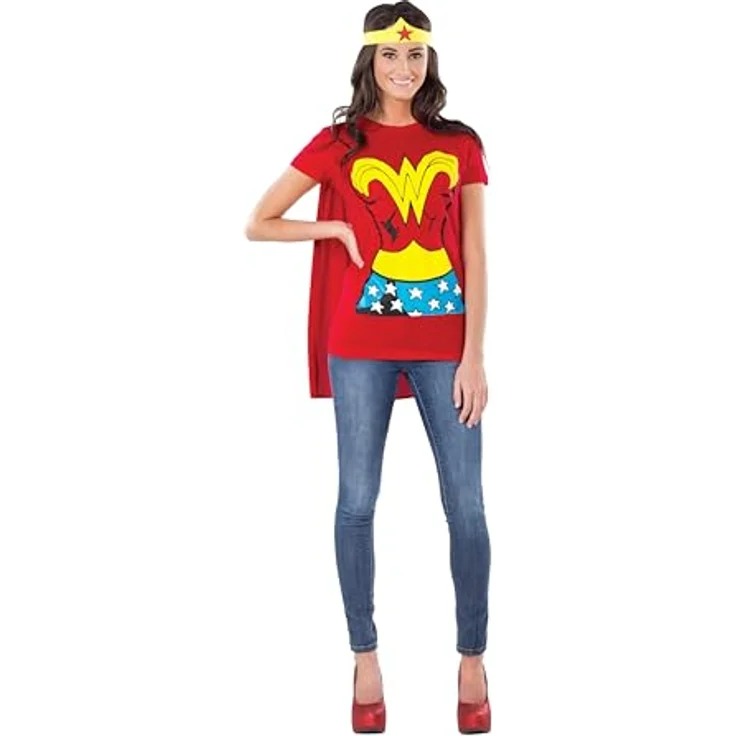 Rubies Wonder Woman Fan-Set (L), dreiteiliges Kostüm-Set mit T-Shirt, Stirnband und Cape, rot/gold – Bild 2