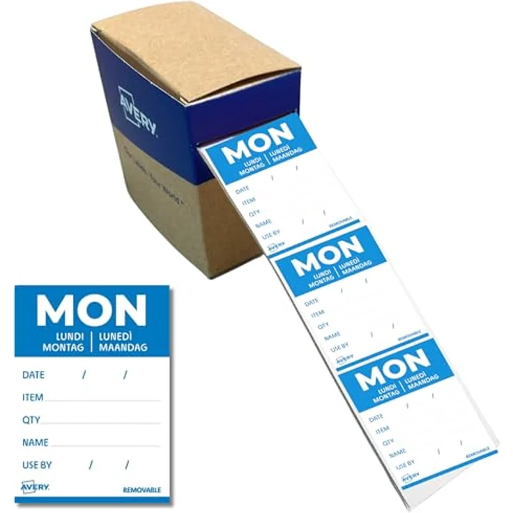 AVERY Zweckform ablösbare Lebensmittel-Tagesetiketten Montag, blau, 40 x 56 mm, 500 Aufkleber, 5-sprachig, HACCP-konform – Bild 1