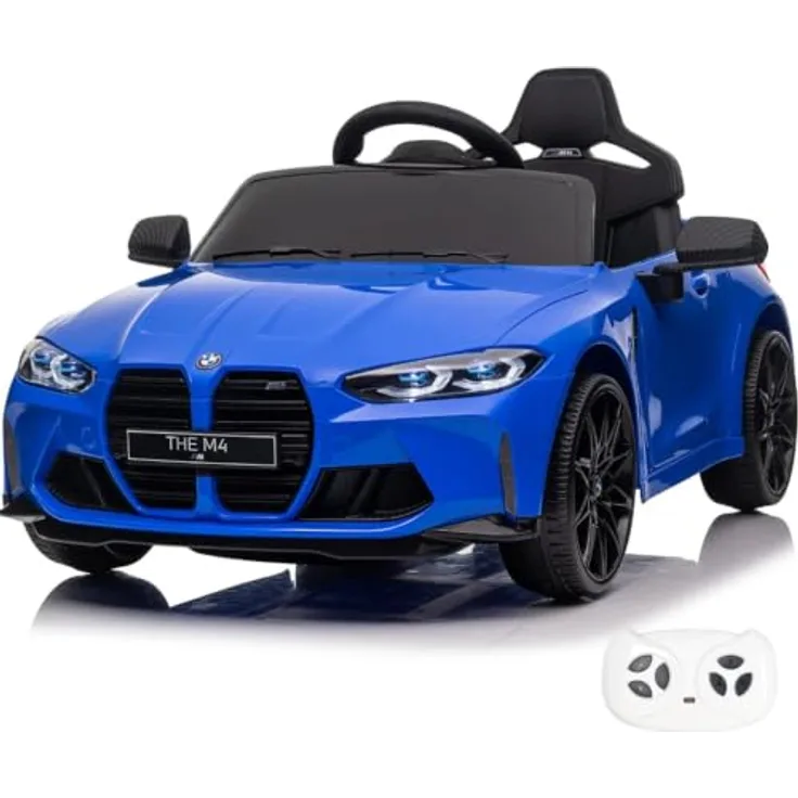 Vrooomy Kinder Elektroauto BMW M4 Competition, 12V mit Fernbedienung, Blau, für 1 bis 5 Jahre, Sicherheitsgurt, MP3-Player, EVA-Gummireifen